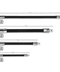 Four Piece Flexible Socket Extension Bar Set With One Half Quarter And Three Eighth Inch Shafts Built From Heavy Duty Chrome Vanadium Steel, showing different lengths.