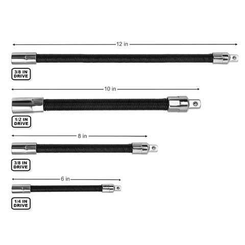 Four Piece Flexible Socket Extension Bar Set With One Half Quarter And Three Eighth Inch Shafts Built From Heavy Duty Chrome Vanadium Steel, showing different lengths.