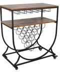 Slick Two Tier Rolling Bar Cart With Black Metal Frame And Rustic Wood Accents. Smooth gliding cart with integrated wine rack.