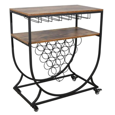 Slick Two Tier Rolling Bar Cart With Black Metal Frame And Rustic Wood Accents. Smooth gliding cart with integrated wine rack.