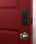 Side view of red door with Hardcore Touchscreen Smart Door Lock With Keypad And Bluetooth For One Touch Entry Proximity Phone Unlock.