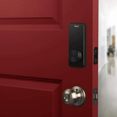 Side view of red door with Hardcore Touchscreen Smart Door Lock With Keypad And Bluetooth For One Touch Entry Proximity Phone Unlock.