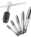 Six Piece Adjustable T Handle Tap Wrench Set With Ratchet Tap Holder And Five Metric Taps M3 M4 M5 M6 M8 for thread tapping.