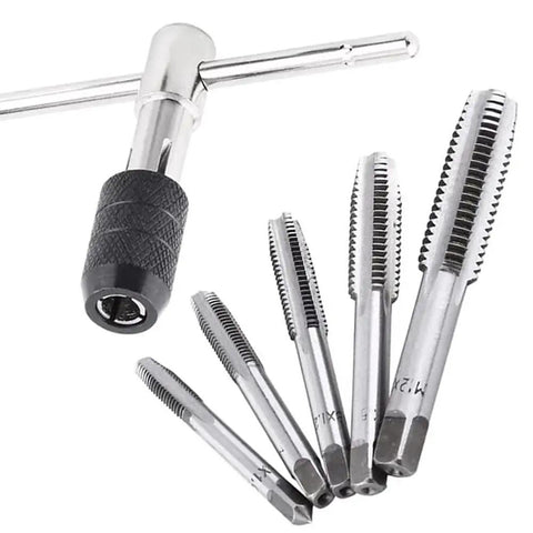 Six Piece Adjustable T Handle Tap Wrench Set With Ratchet Tap Holder And Five Metric Taps M3 M4 M5 M6 M8 for thread tapping.