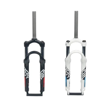 Black and white 24 Inch Mountain Bike Suspension Fork With 100mm Travel One And One Eighth Inch Straight Steerer Pneumatic Shock Absorber Disc Brake Ready Beefy Black Aluminum Magnesium Alloy Build Durable Ready for Rugged Trails displayed.