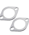 Two DUSCOKE 2.5-inch exhaust gaskets; perforated metal with two bolt holes, front view.