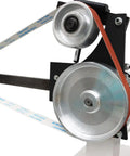 Heavy Duty Variable Speed Belt Sander And Knife Grinder Featuring Triple Grinding Wheels, close-up of motor and drive pulley system.