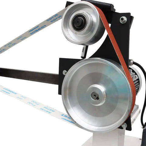 Heavy Duty Variable Speed Belt Sander And Knife Grinder Featuring Triple Grinding Wheels, close-up of motor and drive pulley system.