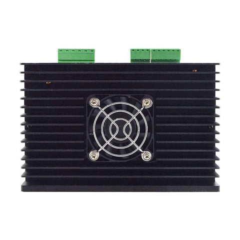 StepperOnline DM860T CNC digital stepper motor driver on black heatsink with cooling fan and green terminal blocks