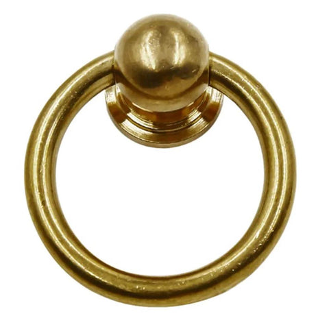 Close-up of Antique Brass Ring Cabinet Pulls Set Of 2 For Dresser Drawers, 1.6 inch diameter, solid brass with polished finish.