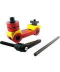 Heavy Duty Adjustable CNC Mill Work Stop Locator For Precision Workpiece Positioning, red and yellow metal tool with adjustable parts.
