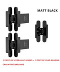 Invisible Hinges Set With Automatic Closing And Adjustable Hydraulic Buffer for secret doors in matte black finish.