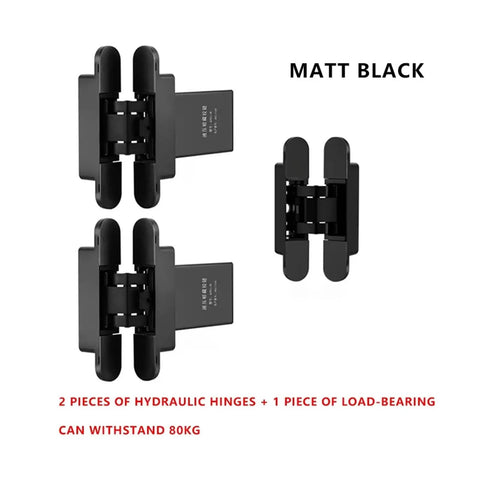 Heavy Duty Invisible Hinge Set Featuring Automatic Closing With Adjustable Hydraulic Buffer For Secret Doors in sleek black finish.