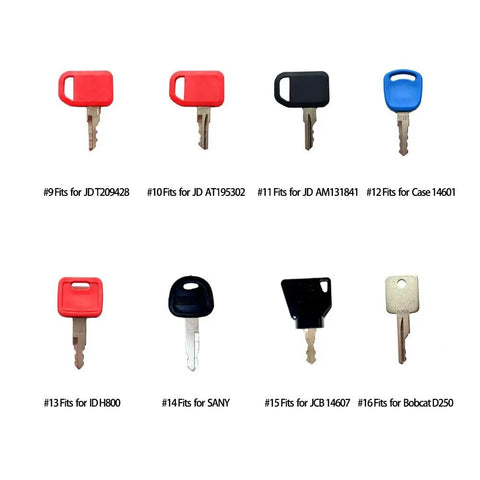 Image of the 16 Key Heavy Equipment Ignition Keys Master Set For Excavators Loaders Forklifts Tractors And More Pro Grade Construction Machinery Key Kit For Operators Ready To Roll, showing various key styles with labels.