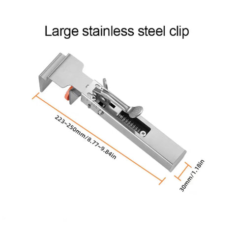 Heavy Duty Adjustable Drawer Clamp With One Touch Quick Release For No Sweat Cabinet Front Install and Hassle Free Drawer Panel Alignment Jig. Large stainless steel clip.