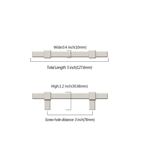 Diagram of 10 Pack 3 Inch (76mm) Brushed Satin Nickel Cabinet Pulls for Kitchen Cabinets showing dimensions and screw hole distance.