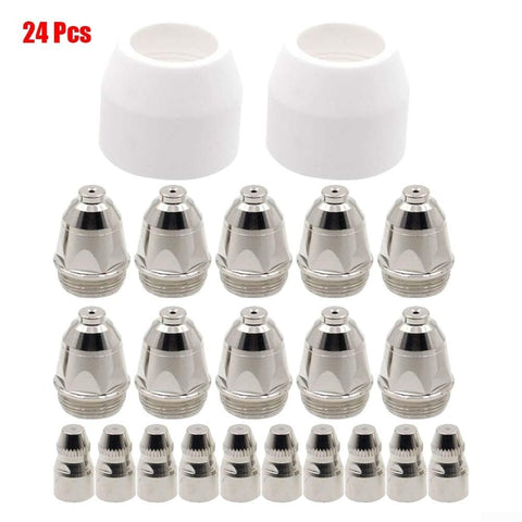Plasma Cutting Torch Consumables Kit For P80 Style Lotos LTP8000 80A 24 Pieces showing electrodes, nozzles, and shield cups