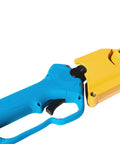 Top Notch Long Reach Cordless Pruner With Sixty Four Inch Pole And Smooth Operator Slicing Power For No Sweat Orchard Trimming And Backyard Garden Cleanup Sessions, blue and yellow handle close-up.