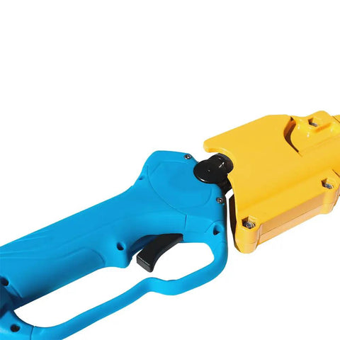 Top Notch Long Reach Cordless Pruner With Sixty Four Inch Pole featuring a blue handle and yellow cutting head for easy orchard trimming.