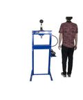 12 Ton Shop Press For Garages, DIYers, And Repair Shops With Fast Pump, 6.9 Inch Stroke, Heavy Duty H Frame, man standing beside it