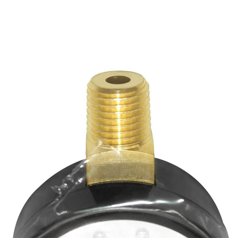 Brass pressure gauge with 1/4 in. NPT threaded stem for lower-mount installation (close-up view)