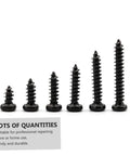 450 Piece Black PA Cross Head Round Self Tapping Screws Kit For Electronics And Furniture Repairs Miniature Screws Set Easy To Use Durable DIY Home And Pro Tools displayed in varying sizes against white background.