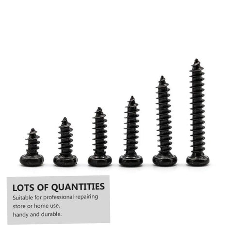 450 Piece Black PA Cross Head Round Self Tapping Screws Kit For Electronics And Furniture Repairs Miniature Screws Set Easy To Use Durable DIY Home And Pro Tools displayed in varying sizes against white background.