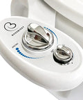 White and blue bidet attachment control panel for toilet seat, featuring dual nozzle settings and non-electric water sprayer.
