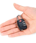 Hand holding a single black lock from a 4 Pack 3 Digit Combination Luggage Locks TSA Approved For Travel On The Go Durable Padlocks