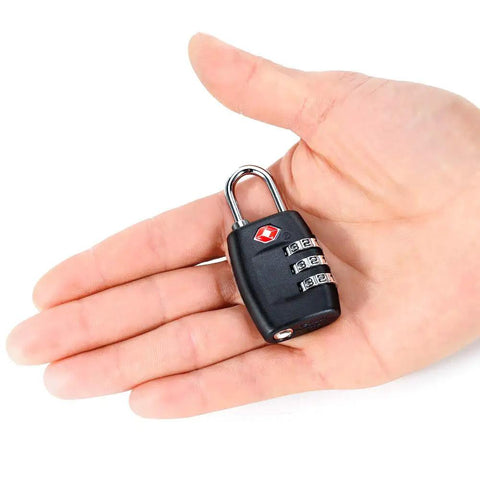 Hand holding a single black lock from a 4 Pack 3 Digit Combination Luggage Locks TSA Approved For Travel On The Go Durable Padlocks