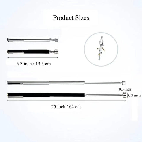Two Piece Magnetic Telescoping Pick Up Tool Set With Pocket Clip Extends To 25 Inches product size dimensions