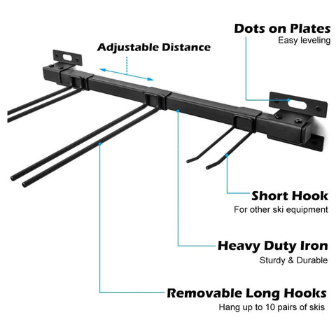 Heavy Duty Garage Ski Storage Rack Wall Mount Holds Up To 10 Pairs Of Skis And Snowboards, 200 Lb Capacity with three rails