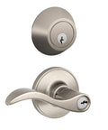 Single Cylinder Deadbolt With Keyed Entry Seville Lever Door Hardware Set In Satin Nickel Finish For Easy Install On Pre Drilled Doors Inside Turn Lock Outside Key Access.