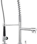 Commercial Kitchen Faucet With Pre Rinse Sprayer, 28 Inch Tall Solid Brass Deck Mount Sink Faucet In Chrome Finish shown