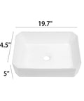 Rectangle Bathroom Vessel Sink 19 By 14 Inches Porcelain Ceramic White Above Counter Vanity Sink For Cabinets Lavatory Hotel And Home Modern Minimalist Basin With Smooth Glaze Easy To Clean And Lasting Glam. Dimensions shown 19.7 x 14.5 x 5 inches.