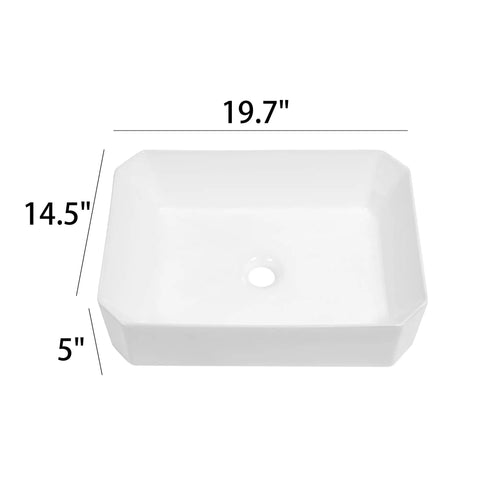 Rectangle Bathroom Vessel Sink 19 By 14 Inches Porcelain Ceramic White Above Counter Vanity Sink For Cabinets Lavatory Hotel And Home Modern Minimalist Basin With Smooth Glaze Easy To Clean And Lasting Glam. Dimensions shown 19.7 x 14.5 x 5 inches.