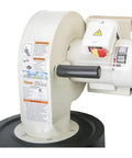1 HP Wall Mount Dust Collector With Canister Filter featuring motor unit, 537 CFM, visible warning labels, ideal for home shops