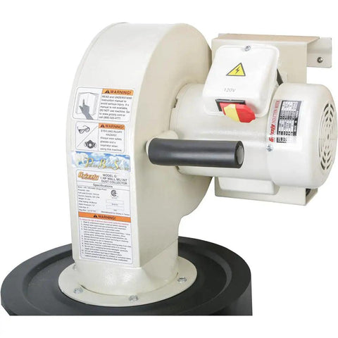 1 HP Wall Mount Dust Collector With Canister Filter featuring motor unit, 537 CFM, visible warning labels, ideal for home shops