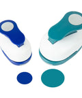 2 Piece Circle Cutter Set With 1.5 Inch And 1 Inch Punches for paper crafts, shown with blue and teal circle punches.