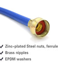 Close-up of Y Shape Washing Machine Hose Connector For Hot And Cold Water, blue rubber tube with brass fitting and red seal