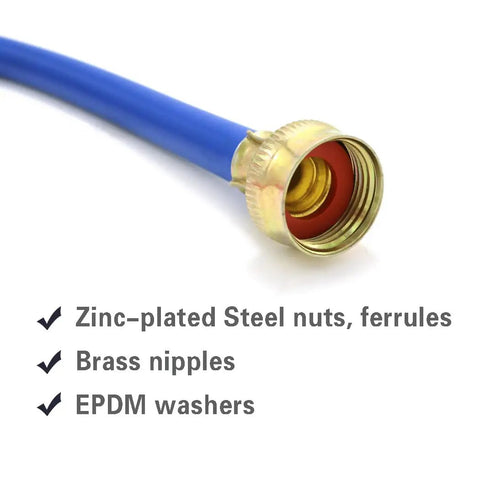 Close-up of Y Shape Washing Machine Hose Connector For Hot And Cold Water, blue rubber tube with brass fitting and red seal