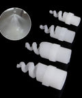 Five Piece Heavy Duty Plastic Spiral Full Cone Spray Nozzle Tips For Garden Irrigation Featuring One Fourth To Three Quarter Inch Fittings showcasing durable white polypropylene tips.