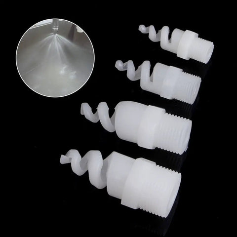 Five Piece Heavy Duty Plastic Spiral Full Cone Spray Nozzle Tips For Garden Irrigation Featuring One Fourth To Three Quarter Inch Fittings showcasing durable white polypropylene tips.