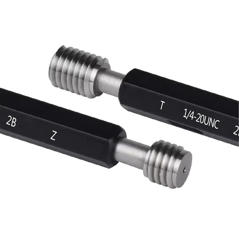 Thread Plug Gauge 1/4-20 UNC 2B Double End Go Nogo Unified Thread Gauge Tool Steel HRC 62-64, close-up view with markings.
