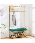 Premium Entryway Hall Tree Coat Rack With Upholstered Bench Seat And Wide Shoe Shelf Sturdy Metal Frame in bright foyer.