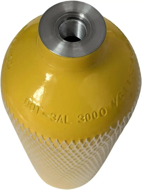Top view of a yellow DOT certified aluminum cylinder, part of Portable 2L Mini Scuba Tank Kit With Backpack DOT Certified Regulator Aluminum Tank For On The Go Underwater Adventures Delivering Up To 35 Minutes Of Breathing Time At Depths Up To 30 Feet.