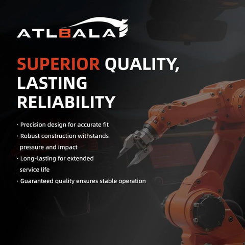 Orange robotic arm with text highlighting superior quality and reliability, robust construction, and precision design.