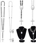 Blank Sublimation Rosary Beads Necklace Set Of 6 Dope White And Black Catholic Prayer Beads displayed on manikin busts and measurements