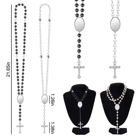 Blank Sublimation Rosary Beads Necklace Set Of 6 Dope White And Black Catholic Prayer Beads displayed on manikin busts and measurements