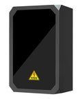 Locked Down Tight Heavy Duty EV Charger Shelter Build Like A Tank Weatherproof Floor Pedestal cabinet showing black steel unit with warning sign.